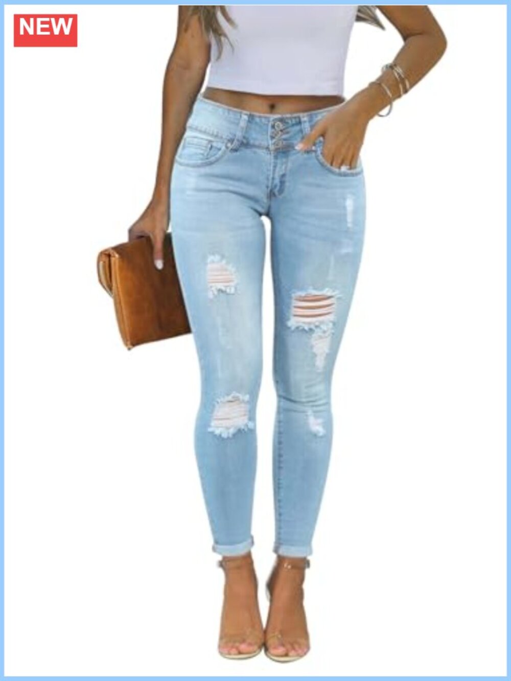 Skinny Ripped Trendy Jeans Distressed Stretchy Denim Pants Mid Rise